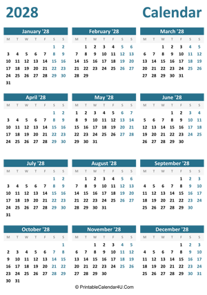 2028 calendar printable portrait layout