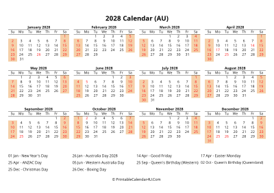 2028 calendar with australia holidays at bottom landscape layout