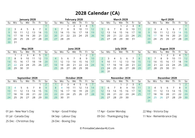 2028 calendar with canada holidays at bottom landscape layout