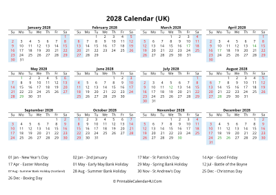 2028 calendar with uk bank holidays at bottom landscape layout