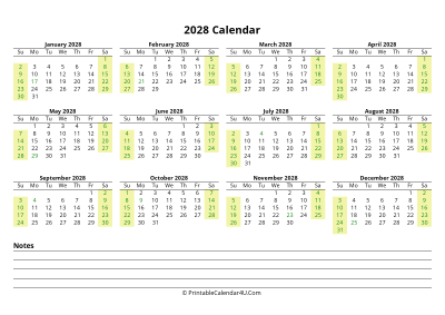 2028 calendar with us holidays and notes landscape layout