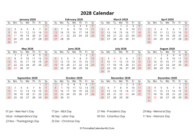 2028 calendar with us holidays at bottom landscape layout