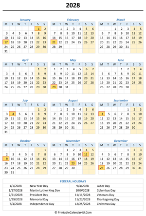 2028 portrait calendar with holidays