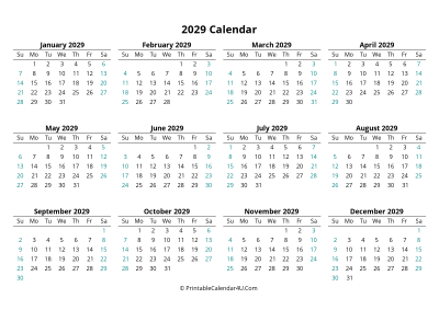 2029 calendar printable landscape layout