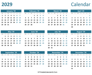 2029 calendar printable landscape layout