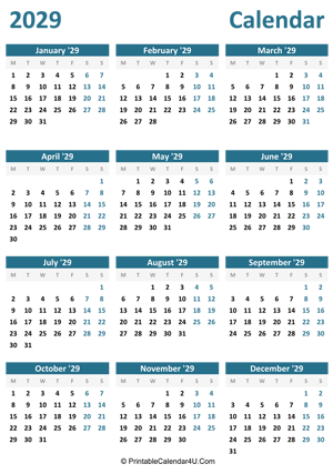 2029 calendar printable portrait layout