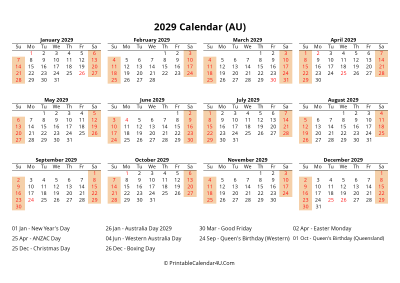 2029 calendar with australia holidays at bottom landscape layout