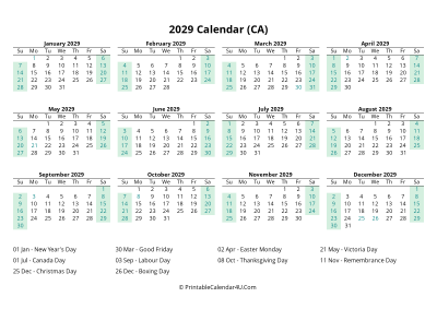 2029 calendar with canada holidays at bottom landscape layout