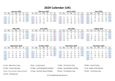 2029 calendar with uk bank holidays at bottom landscape layout