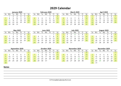 2029 calendar with us holidays and notes landscape layout