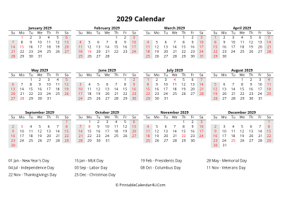 2029 calendar with us holidays at bottom landscape layout