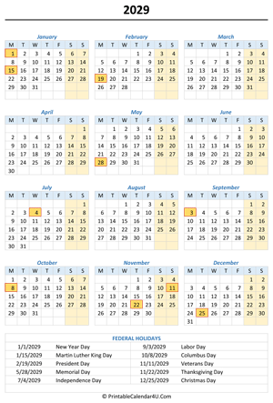 2029 portrait calendar with holidays