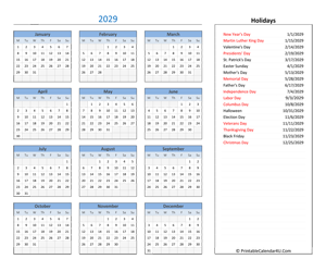 2029 printable calendar with holidays