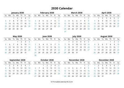 2030 calendar printable landscape layout