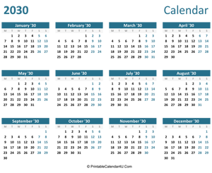 2030 calendar printable landscape layout