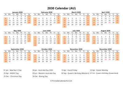 2030 calendar with australia holidays at bottom landscape layout