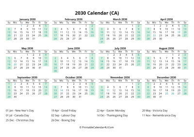 2030 calendar with canada holidays at bottom landscape layout