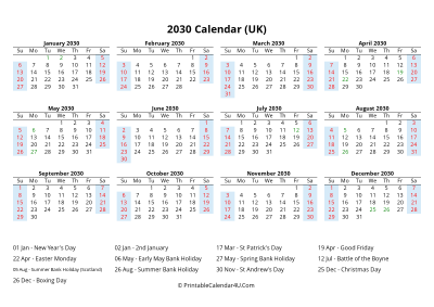 2030 calendar with uk bank holidays at bottom landscape layout