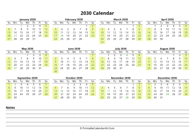 2030 calendar with us holidays and notes landscape layout