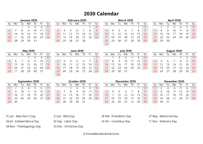 2030 calendar with us holidays at bottom landscape layout