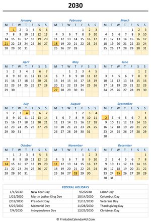 2030 portrait calendar with holidays