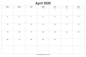 april 2020 calendar printable landscape layout