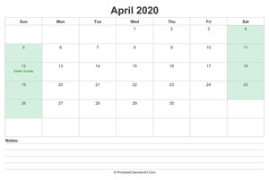 april 2020 calendar with us holidays and notes landscape layout