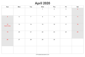 april 2020 calendar with us holidays highlighted landscape layout
