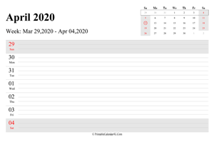 april 2020 weekly calendar with us holidays landscape layout