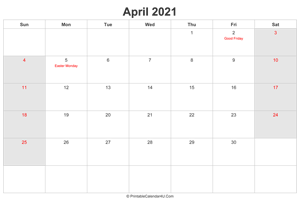 april 2021 calendar with uk bank holidays highlighted landscape layout