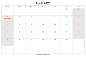 april 2021 calendar with us holidays highlighted landscape layout