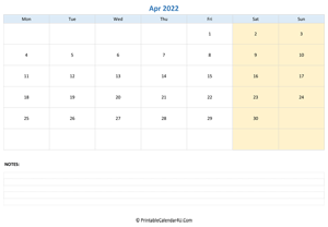 april 2022 calendar editable with notes horizontal layout