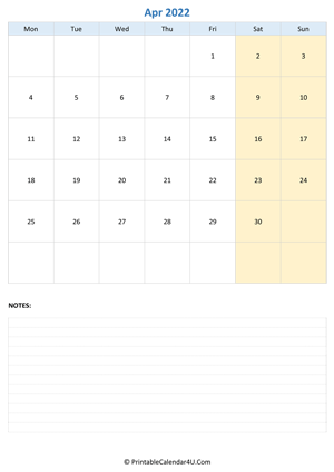 april 2022 calendar editable with notes vertical layout
