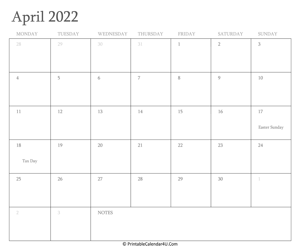 april 2022 calendar printable with holidays