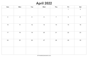 april 2022 calendar printable landscape layout