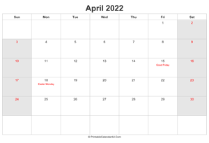 april 2022 calendar with uk bank holidays highlighted landscape layout