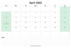 april 2022 calendar with us holidays and notes landscape layout