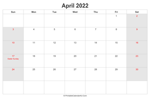 april 2022 calendar with us holidays highlighted landscape layout