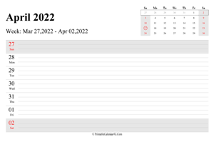 april 2022 weekly calendar with us holidays landscape layout