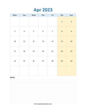 april 2023 calendar editable with notes vertical layout