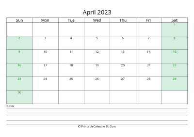 april 2023 calendar with us holidays and notes landscape layout