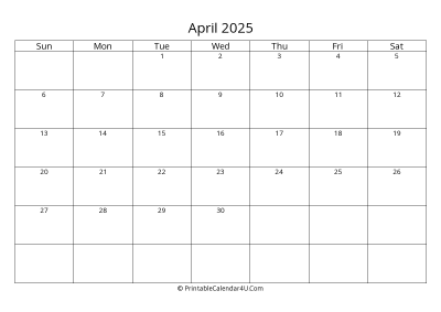 april 2025 calendar printable landscape layout