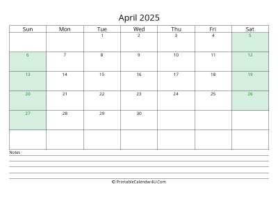april 2025 calendar with us holidays and notes landscape layout