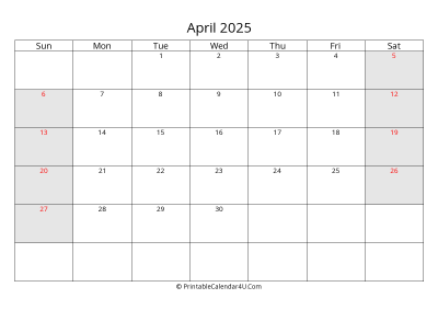april 2025 calendar with us holidays highlighted landscape layout