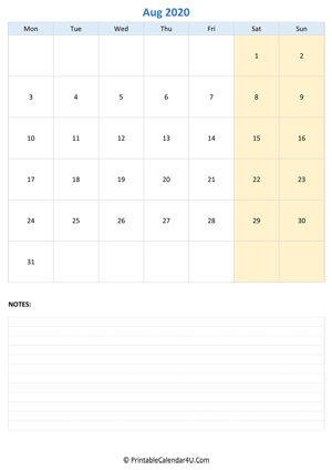 august 2020 calendar editable with notes vertical layout