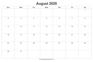 august 2020 calendar printable landscape layout