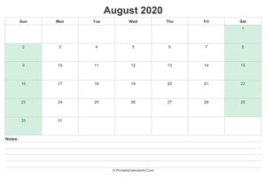 august 2020 calendar with us holidays and notes landscape layout
