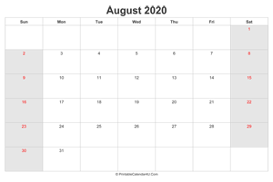 august 2020 calendar with us holidays highlighted landscape layout