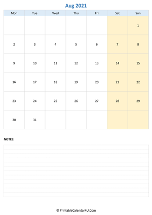 august 2021 calendar editable with notes vertical layout
