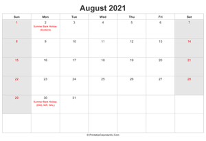 august 2021 calendar with uk bank holidays highlighted landscape layout